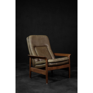 Vintage Mid-Century Danish Modern Teak Wood & Brown Leather High Armchair with Reclining Backrest, 1960s