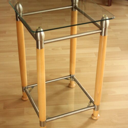 Space Age side table with two glass plates, made of wood, metal and glass, vintage from the 1970s