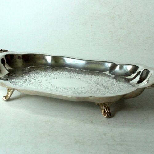 Old english footed serving tray, Lancaster silver on copper, marked, vintage, mid century