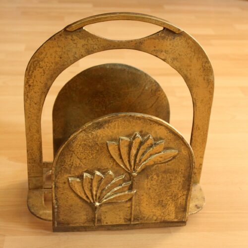 Brutalist Art heavy weight brass magazine rack with floral motifs, vintage from the 1970s