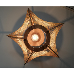 Brown plywood and straw spiderweb mid century rustic hanging lamp 1960s