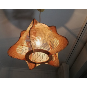 Brown plywood and straw spiderweb mid century rustic hanging lamp 1960s
