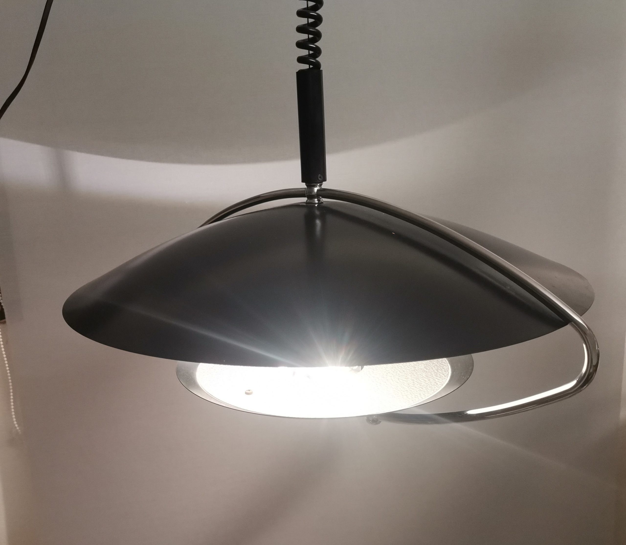 Large Mid-Century Scandinavian Modern Black Metal Pull Down Hanging Lamp, 1970s