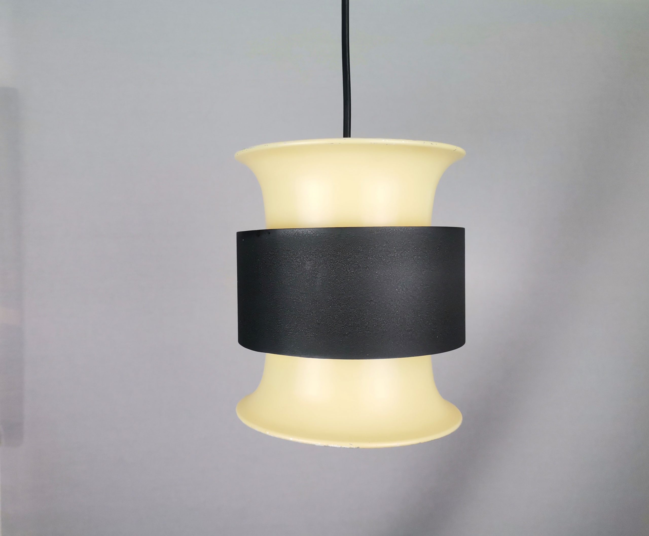 Scandinavian mid century modern cream black aluminium hanging lamp in style of Bent Nordsted or Carl Thore, 1970s