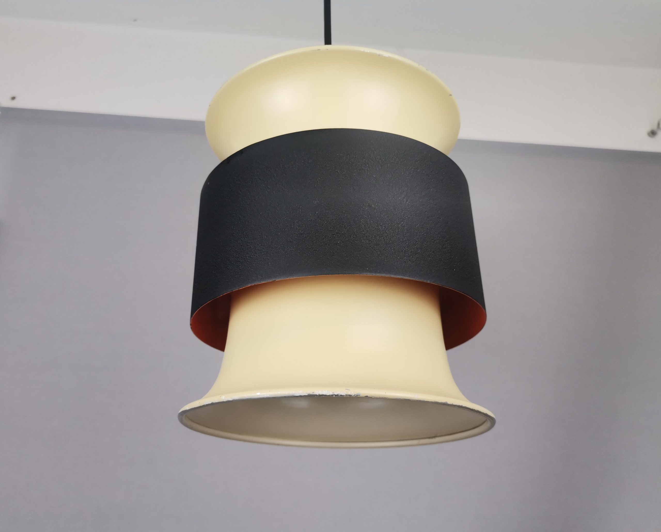 Scandinavian mid century modern cream black aluminium hanging lamp in style of Bent Nordsted or Carl Thore, 1970s