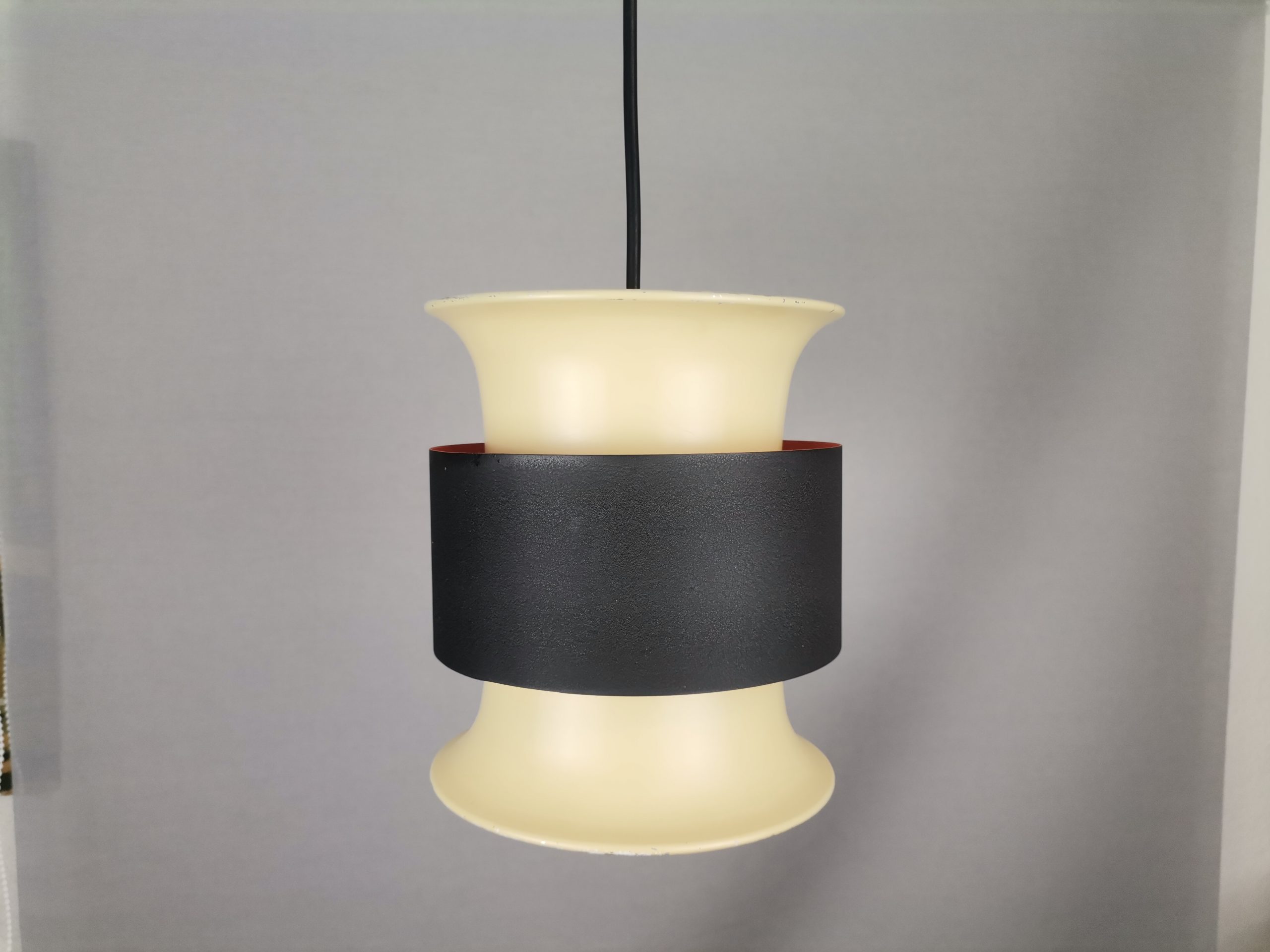 Scandinavian mid century modern cream black aluminium hanging lamp in style of Bent Nordsted or Carl Thore, 1970s