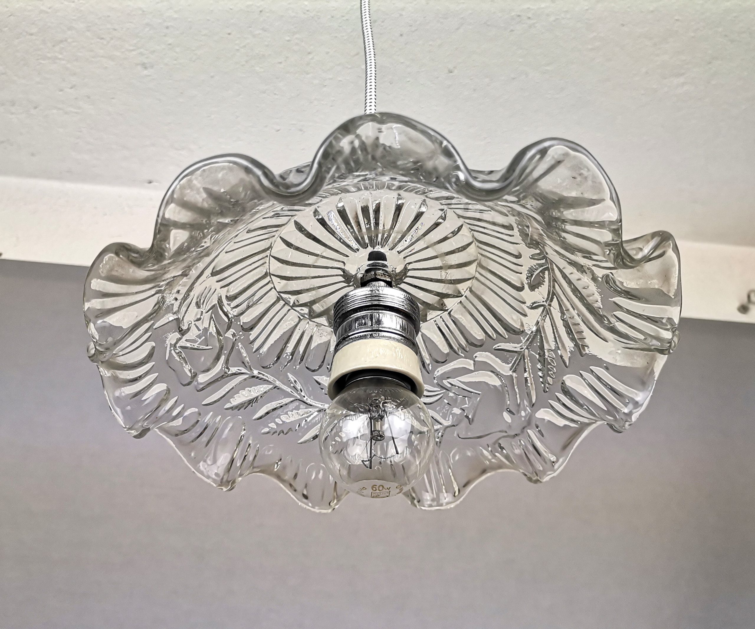 Portuguese Farmhouse mid Century clear floral glass hanging lamp, 1960s