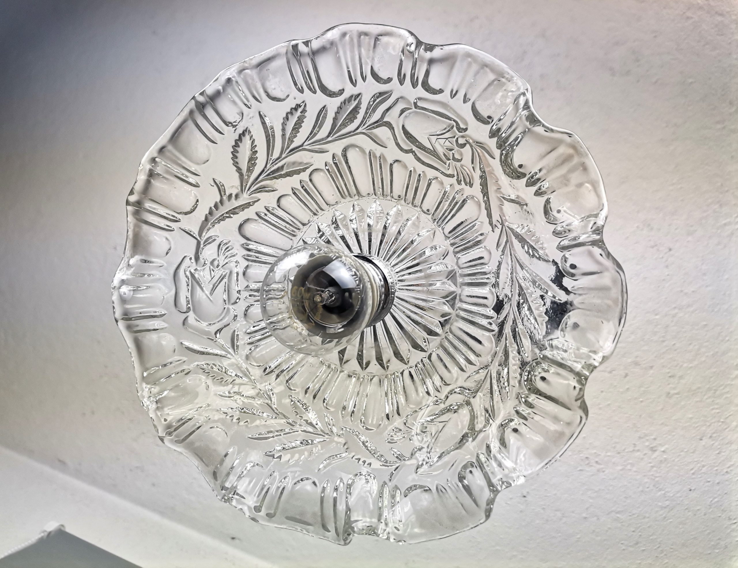 Portuguese Farmhouse mid Century clear floral glass hanging lamp, 1960s