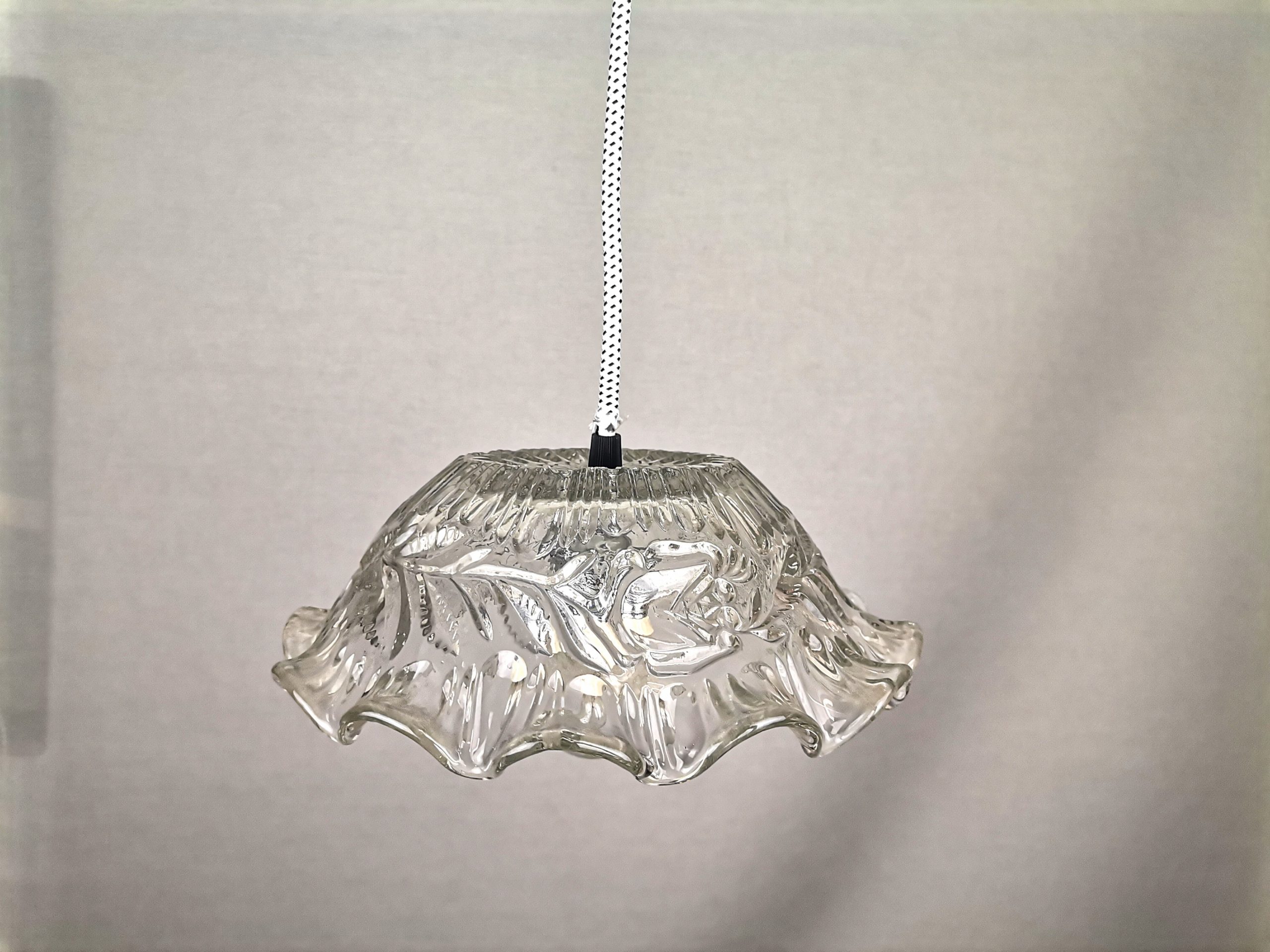 Portuguese Farmhouse mid Century clear floral glass hanging lamp, 1960s