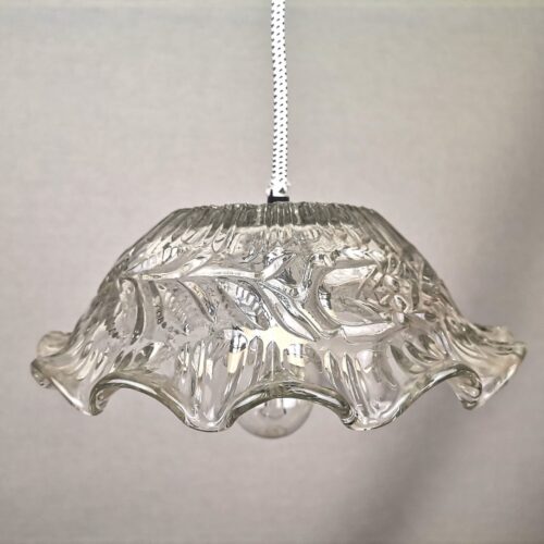 Portuguese Farmhouse mid Century clear floral glass hanging lamp, 1960s