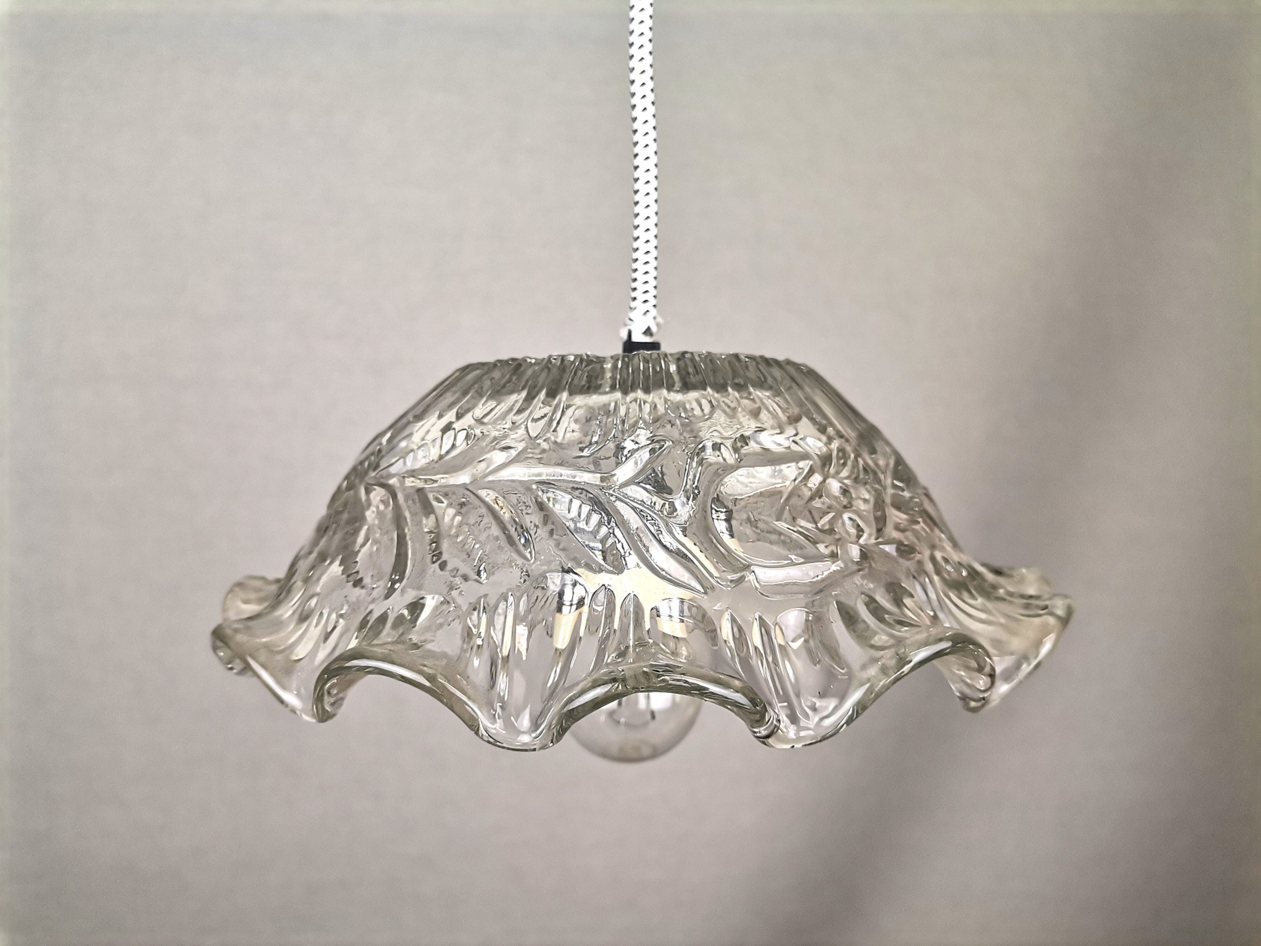 Portuguese Farmhouse mid Century clear floral glass hanging lamp, 1960s