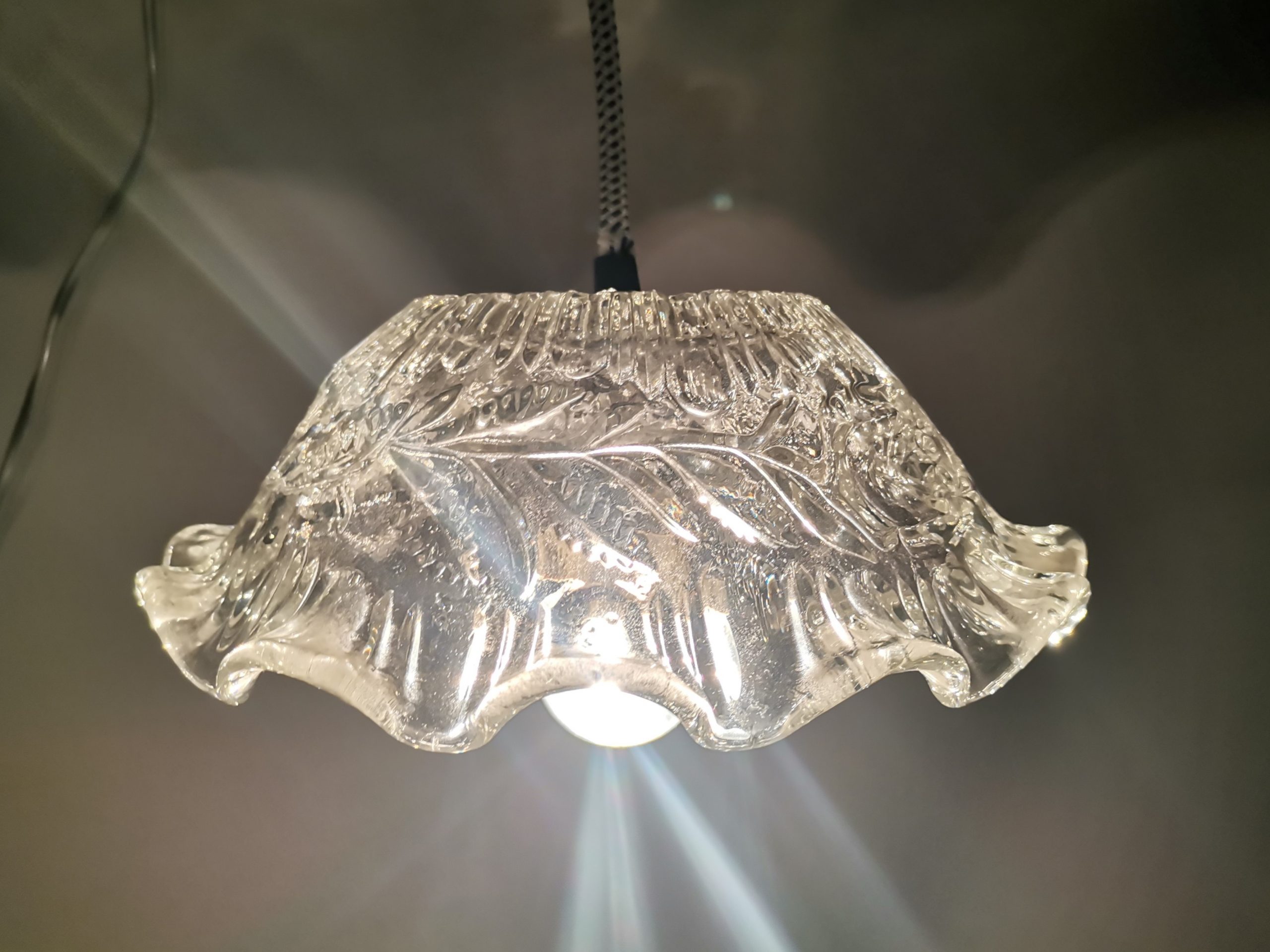 Portuguese Farmhouse mid Century clear floral glass hanging lamp, 1960s