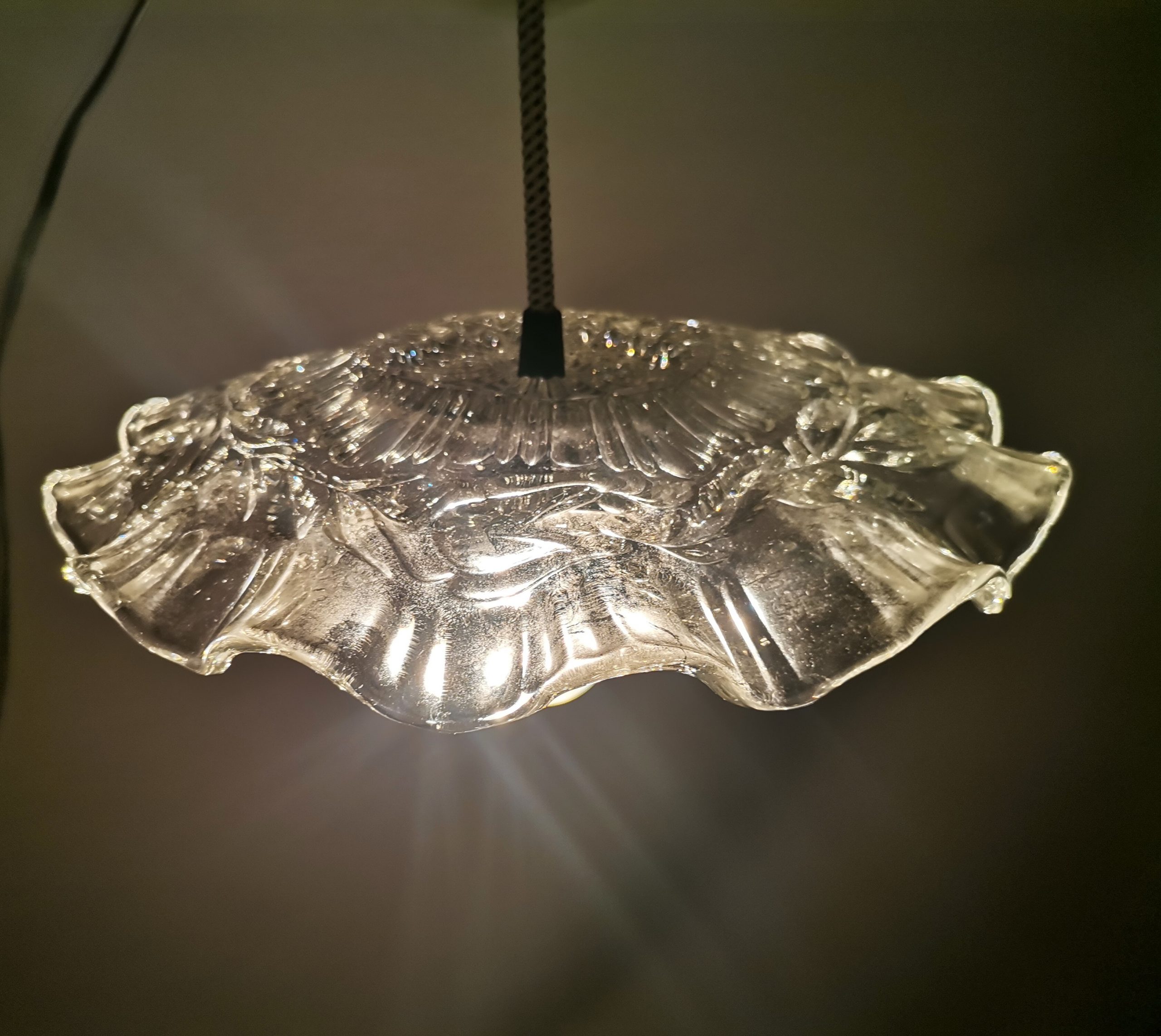 Portuguese farmhouse mid century clear floral glass dish pendant lamp 1960s