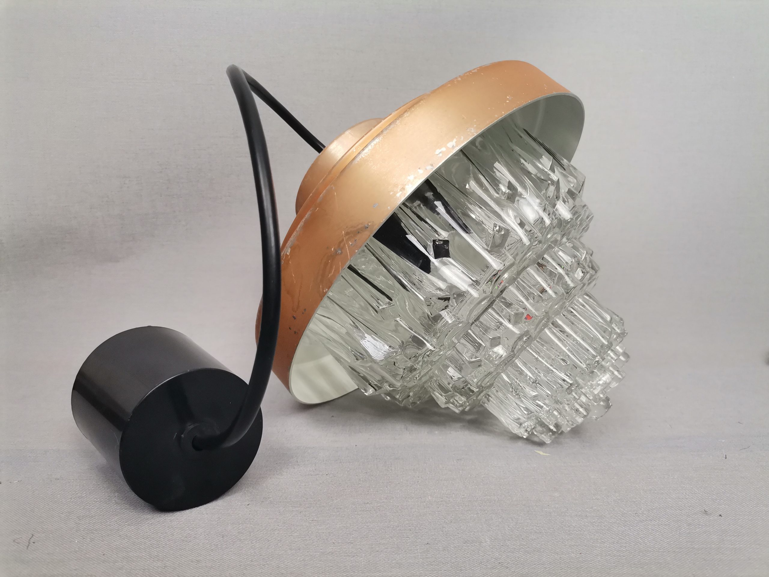Mid Century Modern clear glass metallic copper colored aluminium hanging lamp, 1960s