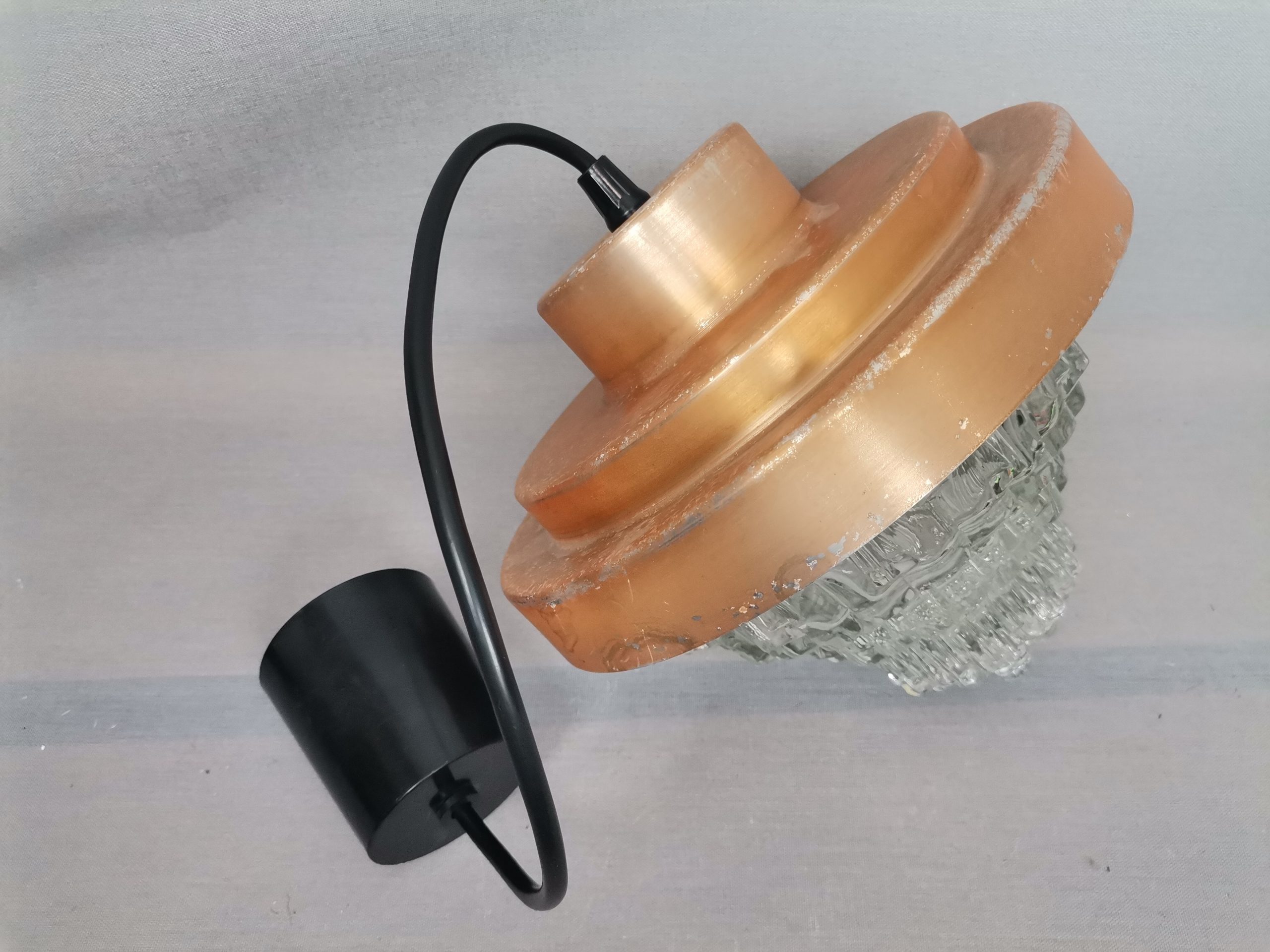 Mid Century Modern clear glass metallic copper colored aluminium hanging lamp, 1960s
