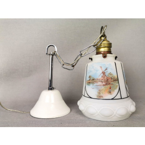 Small Mid-Century White Opaline Bell Shaped Hanging Lamp with Dutch Landscapes, 1960s