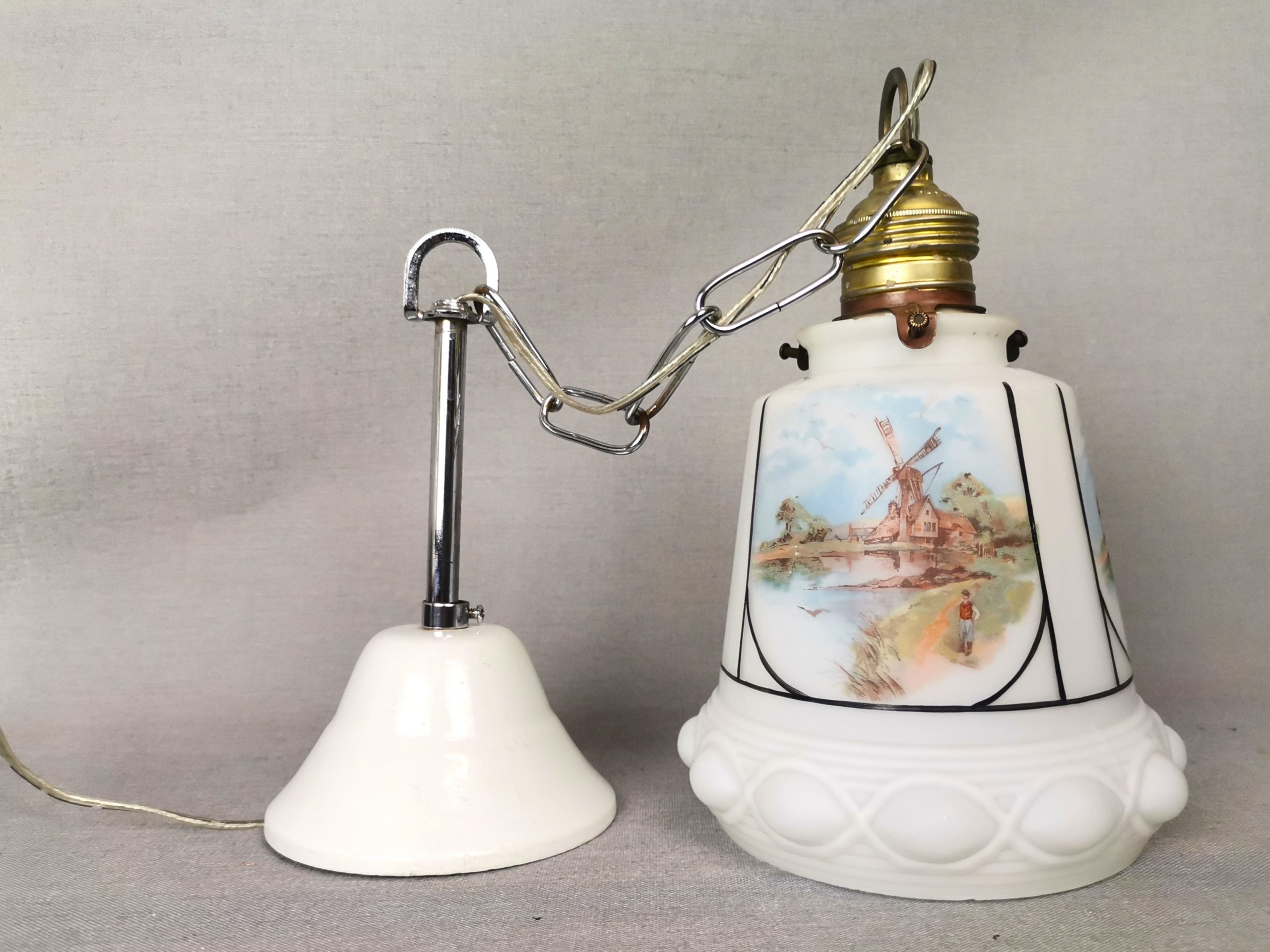 Small Mid-Century White Opaline Bell Shaped Hanging Lamp with Dutch Landscapes, 1960s