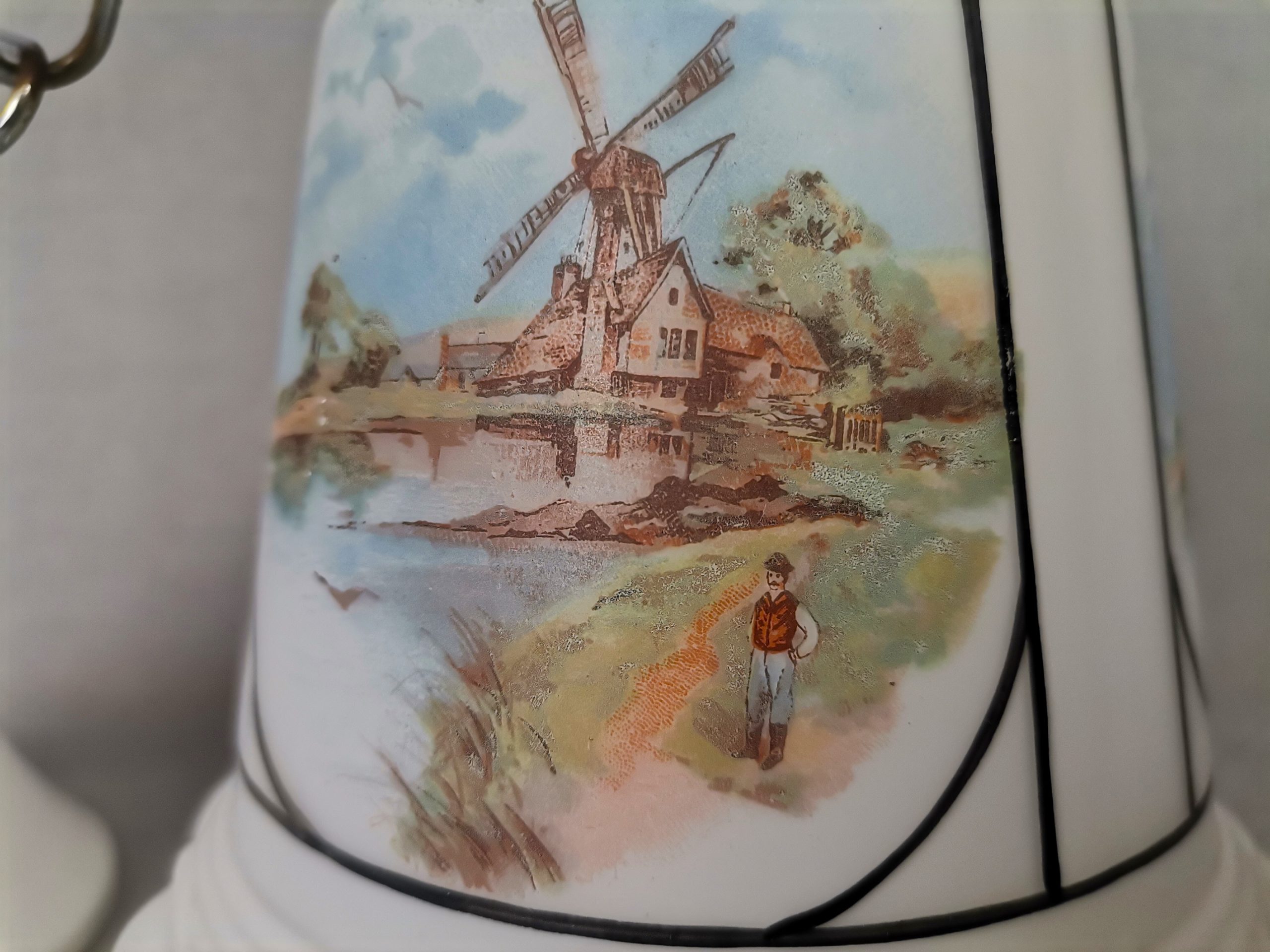 Small Mid-Century White Opaline Bell Shaped Hanging Lamp with Dutch Landscapes, 1960s