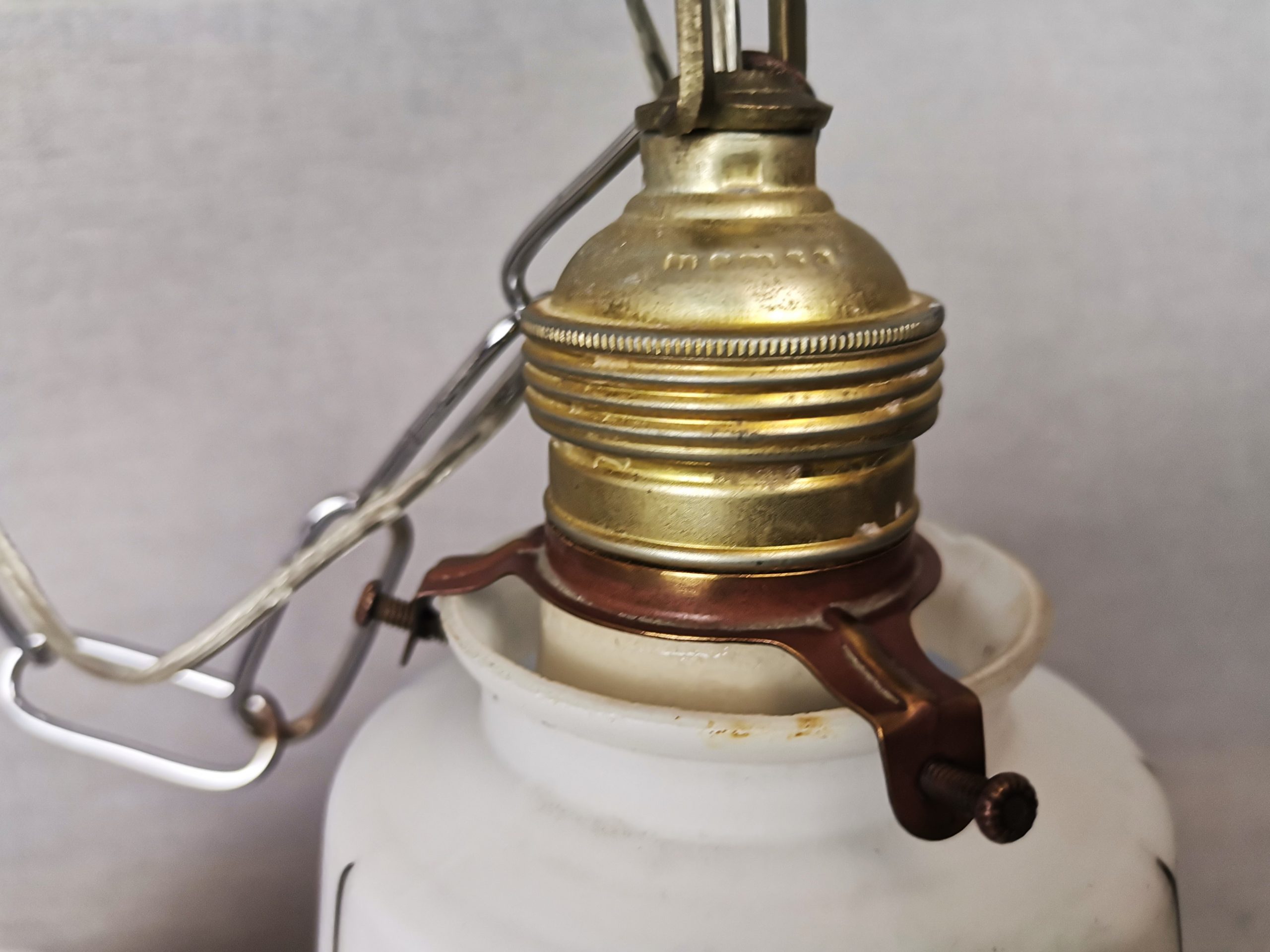 Small Mid-Century White Opaline Bell Shaped Hanging Lamp with Dutch Landscapes, 1960s