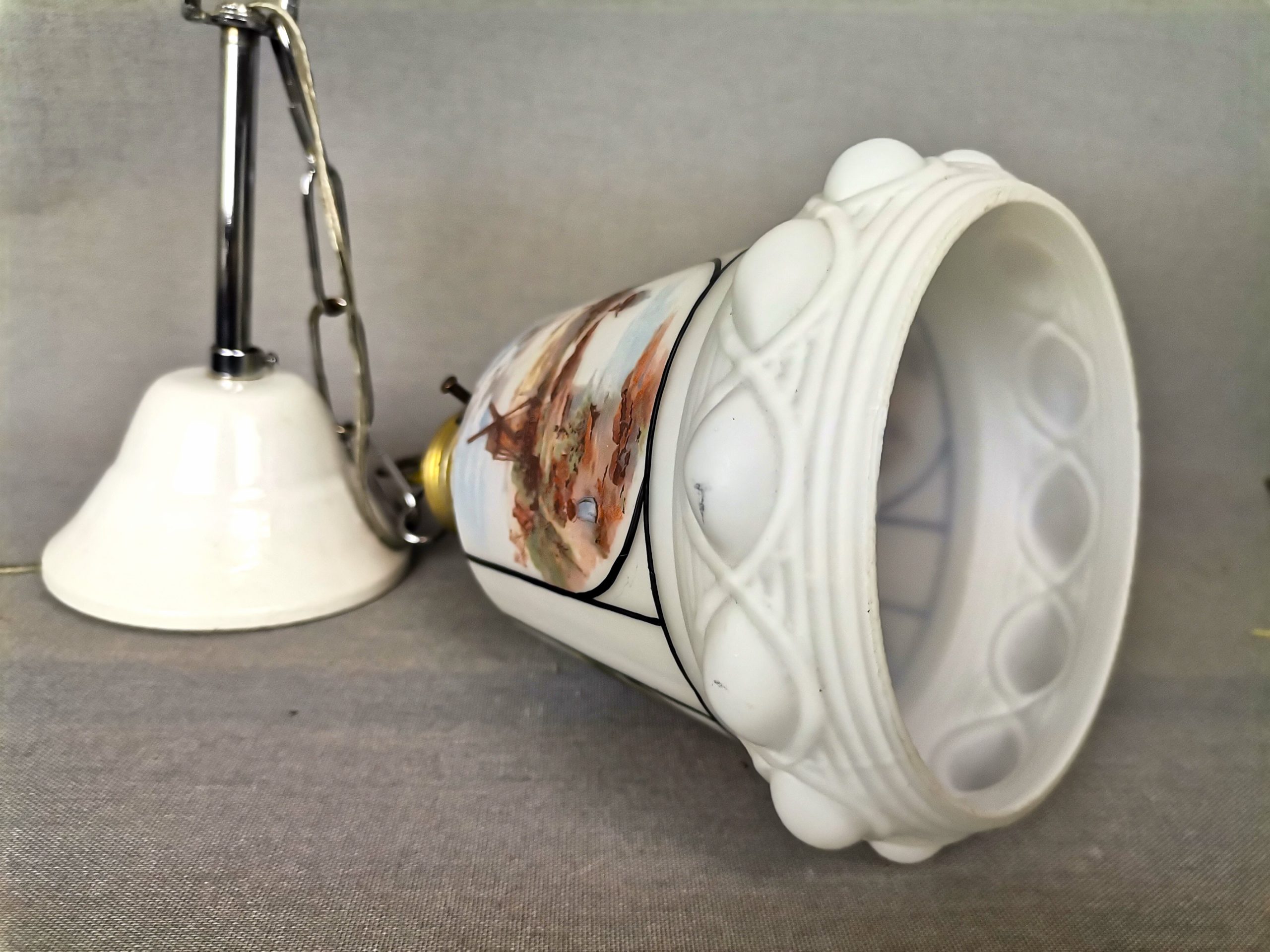 Small Mid-Century White Opaline Bell Shaped Hanging Lamp with Dutch Landscapes, 1960s