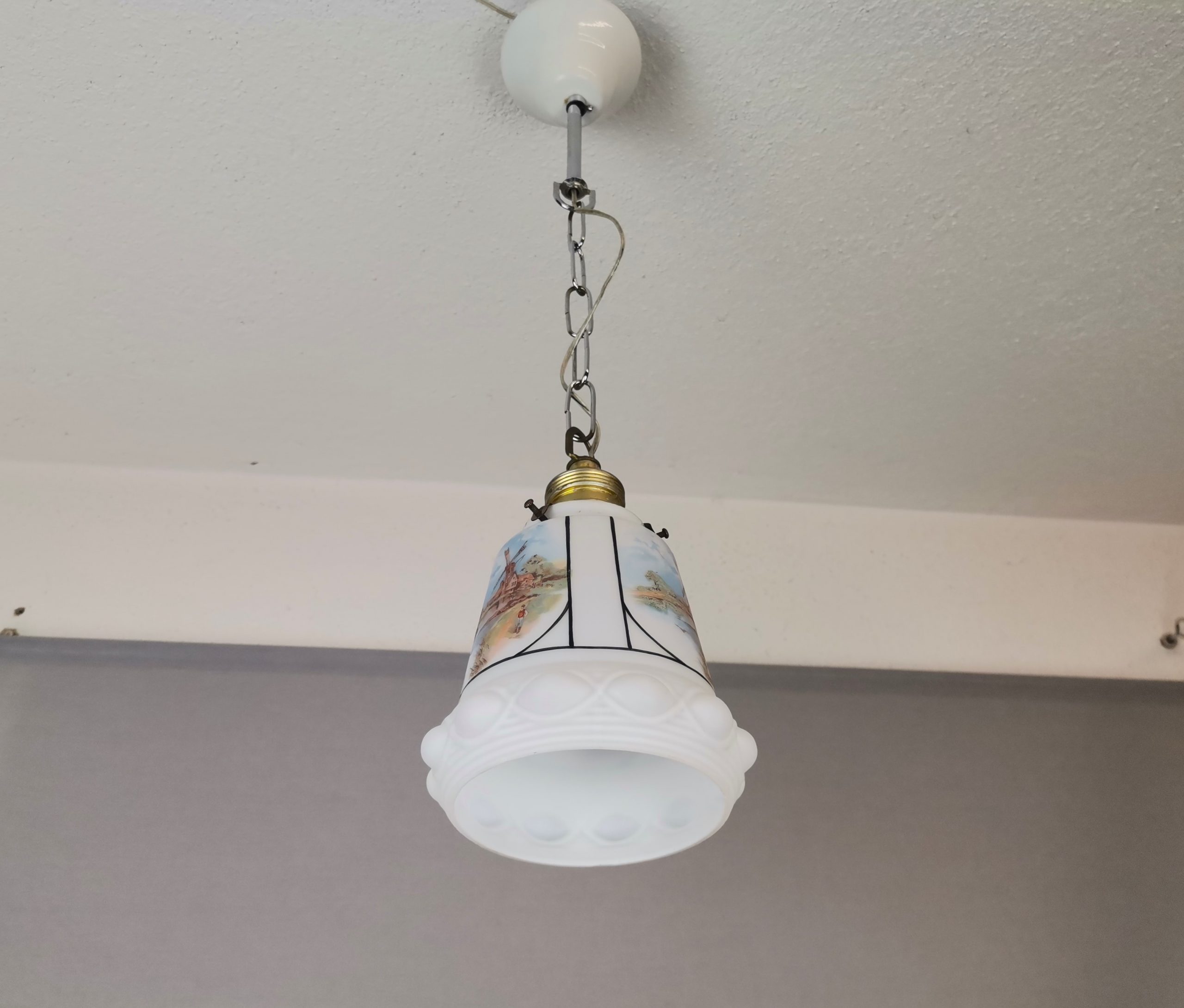 Small Mid-Century White Opaline Bell Shaped Hanging Lamp with Dutch Landscapes, 1960s