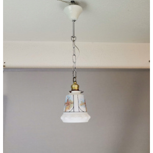 Small Mid-Century White Opaline Bell Shaped Hanging Lamp with Dutch Landscapes, 1960s