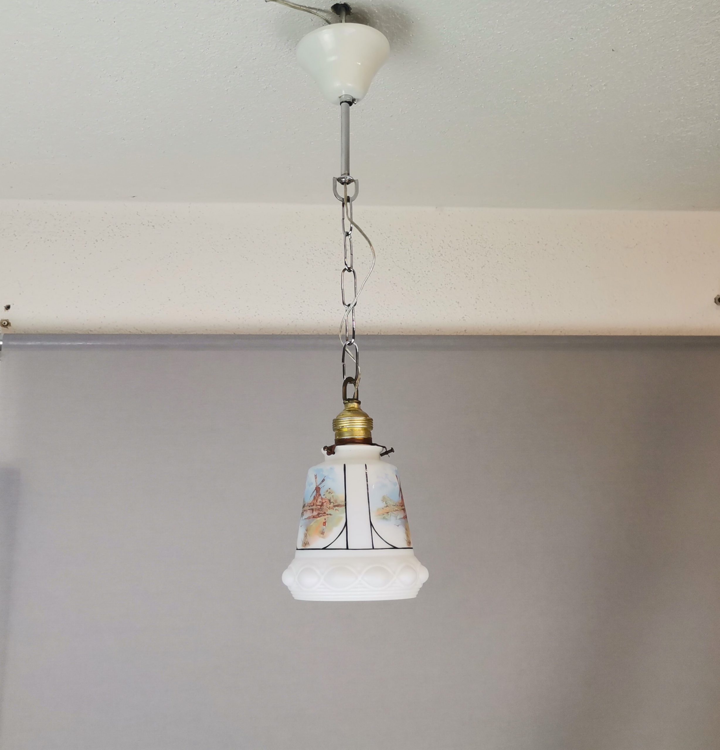 Small Mid-Century White Opaline Bell Shaped Hanging Lamp with Dutch Landscapes, 1960s