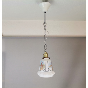 Small Mid-Century White Opaline Bell Shaped Hanging Lamp with Dutch Landscapes, 1960s