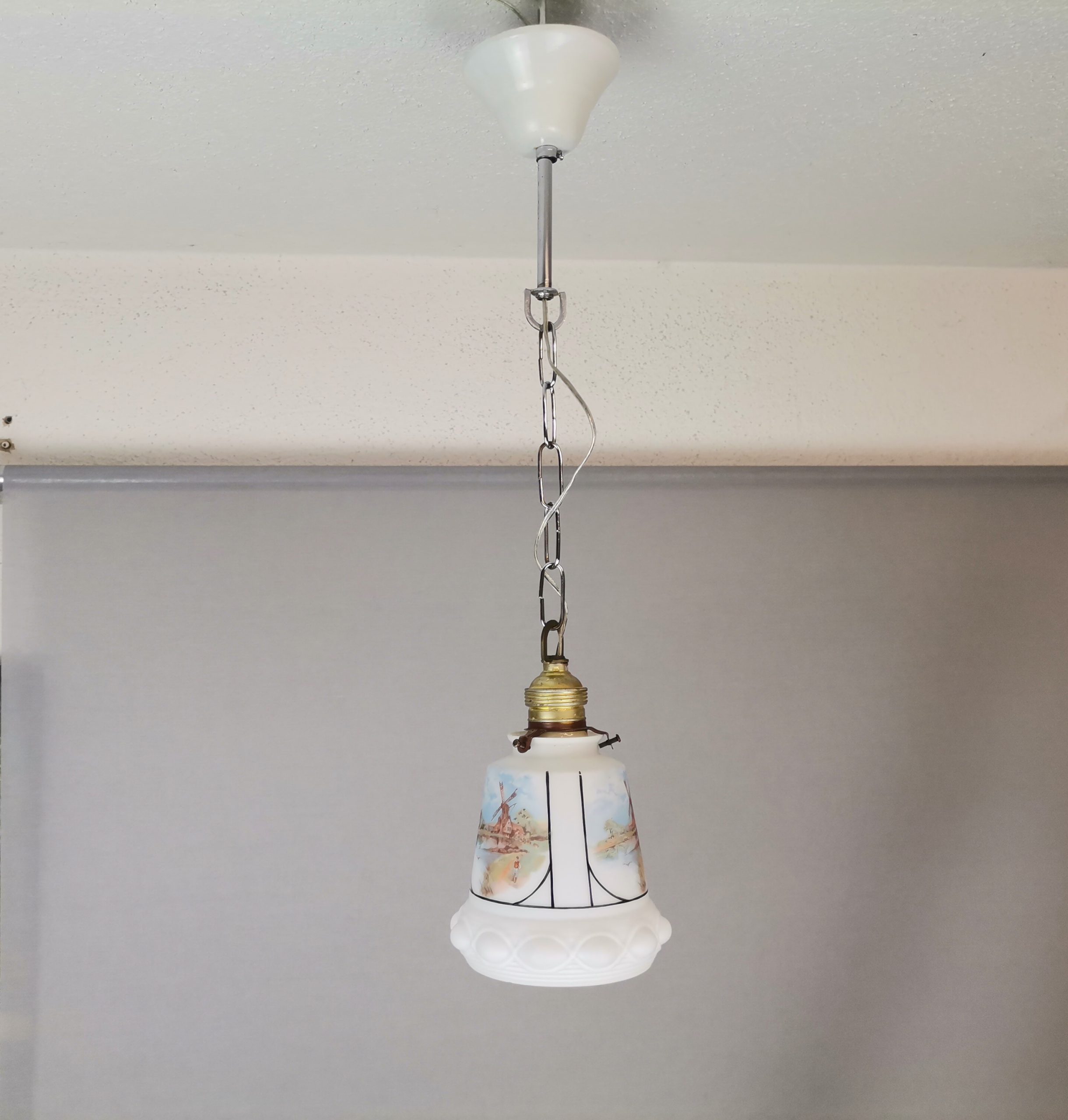 Small Mid-Century White Opaline Bell Shaped Hanging Lamp with Dutch Landscapes, 1960s