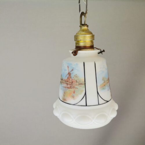 Small Mid-Century White Opaline Bell Shaped Hanging Lamp with Dutch Landscapes, 1960s