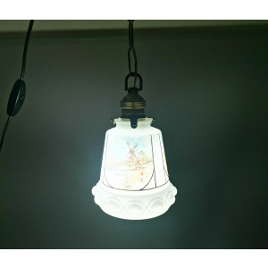 Small Mid-Century White Opaline Bell Shaped Hanging Lamp with Dutch Landscapes, 1960s