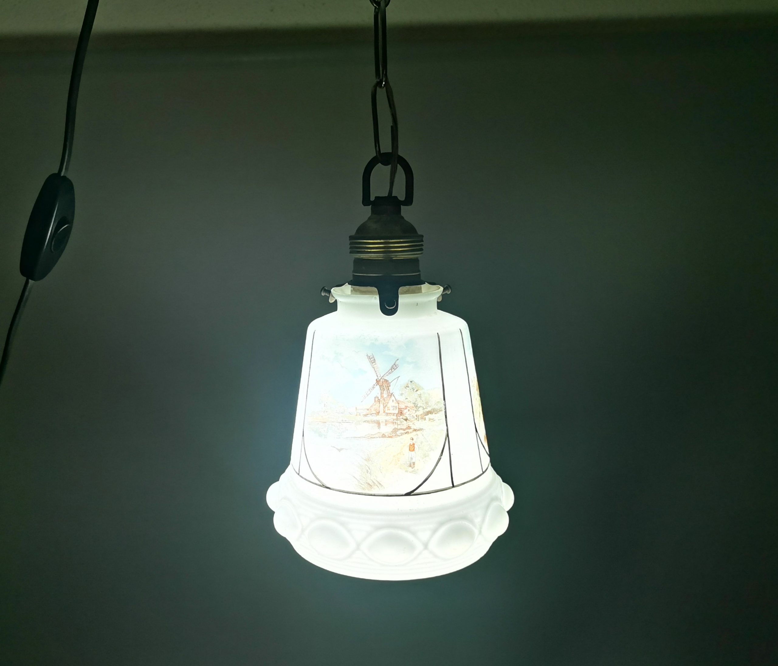 Small Mid-Century White Opaline Bell Shaped Hanging Lamp with Dutch Landscapes, 1960s