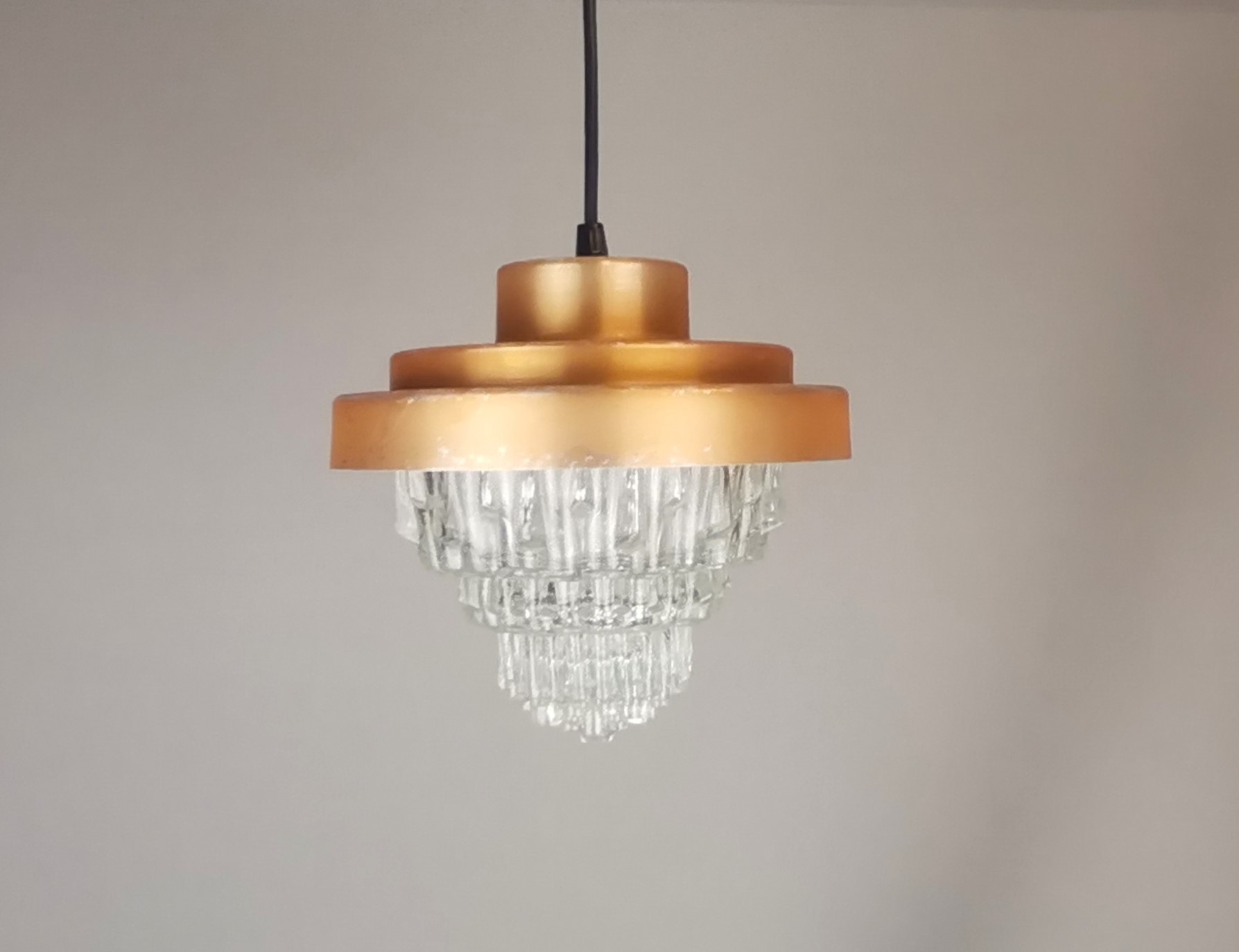 Mid Century Modern clear glass metallic copper colored aluminium hanging lamp, 1960s