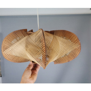 Large wooden lampshade wood straw string DEFORMED, 1960s