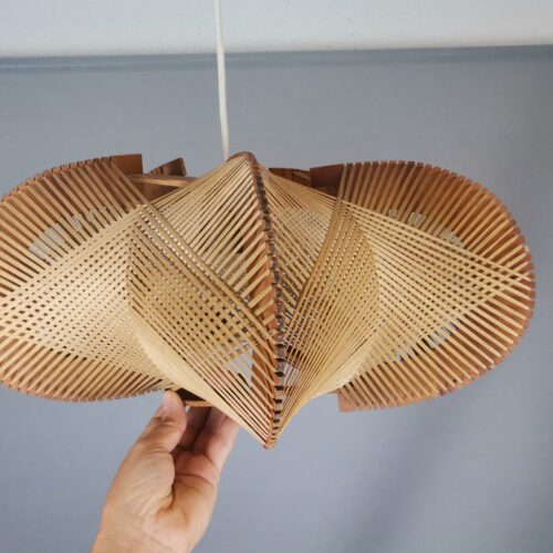 Large wooden lampshade wood straw string DEFORMED, 1960s