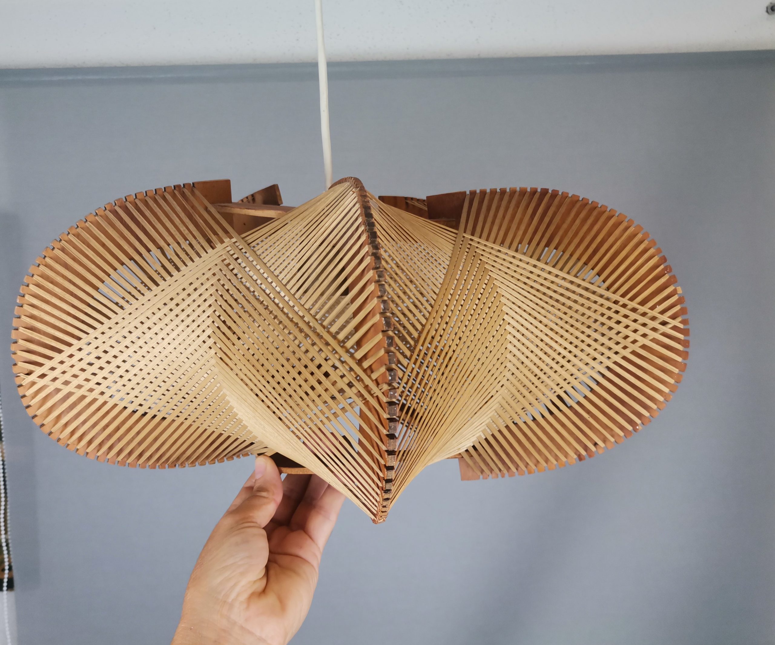 Large wooden lampshade wood straw string DEFORMED, 1960s