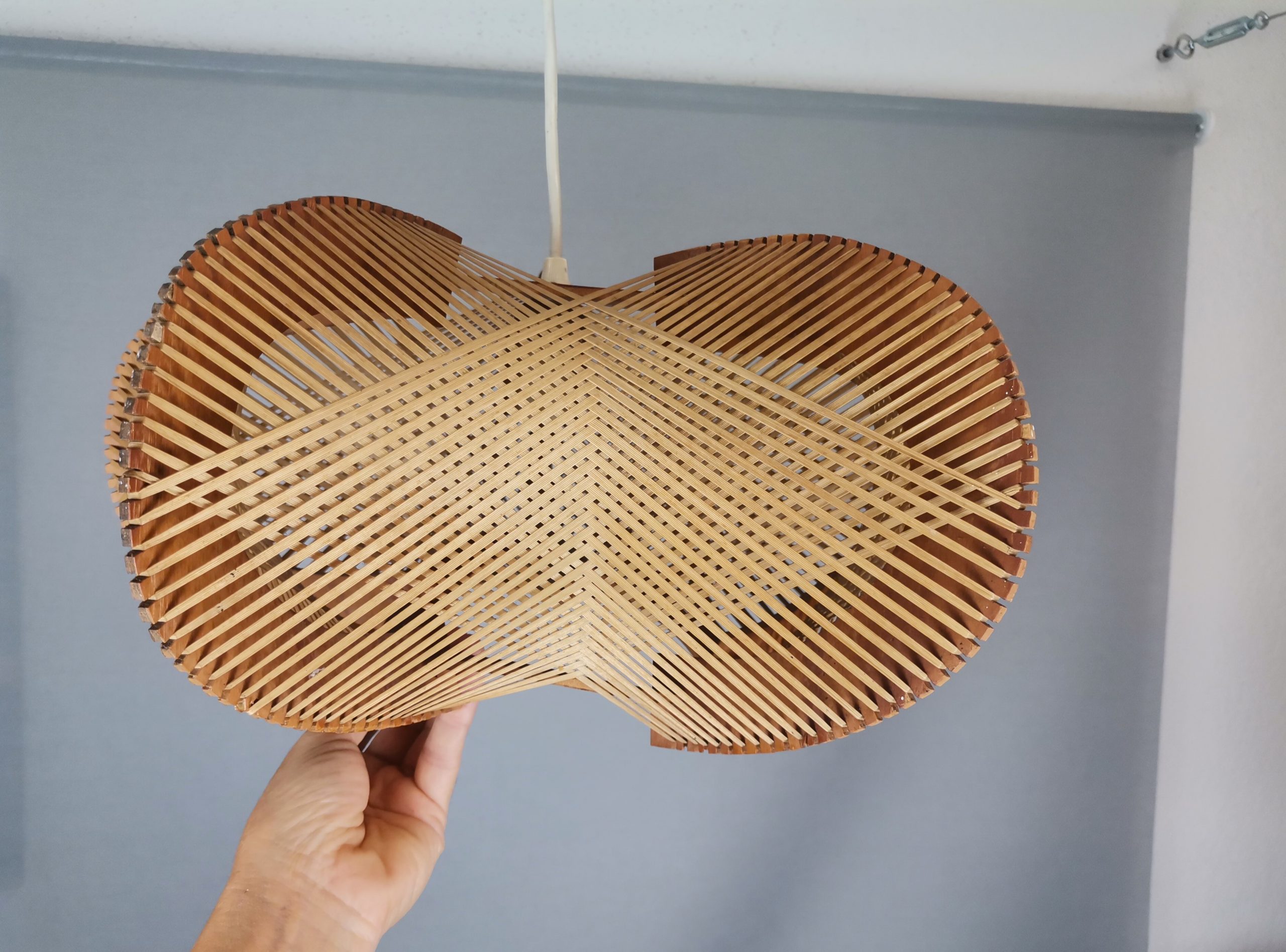 Large wooden lampshade wood straw string DEFORMED, 1960s