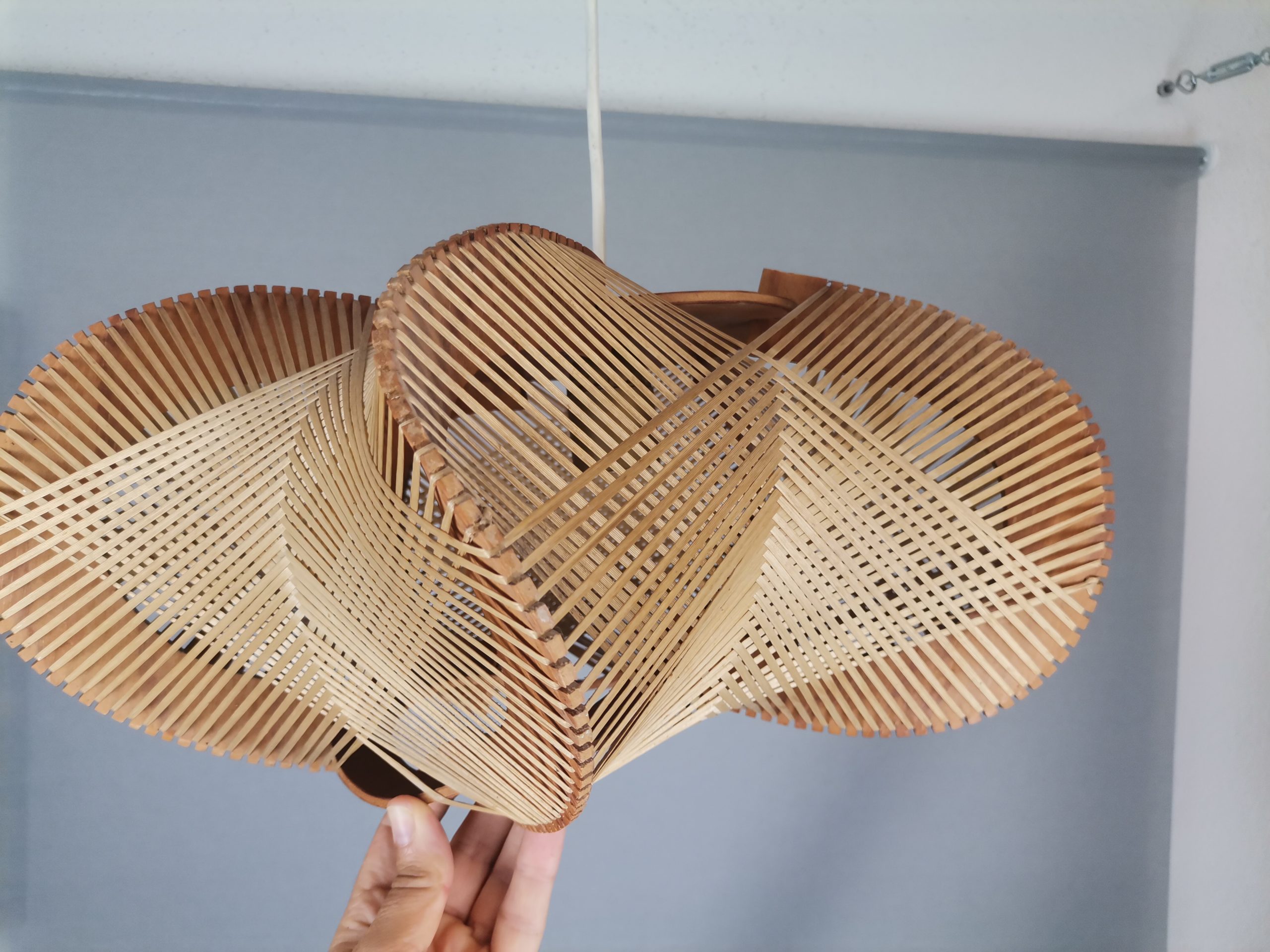 Large wooden lampshade wood straw string DEFORMED, 1960s