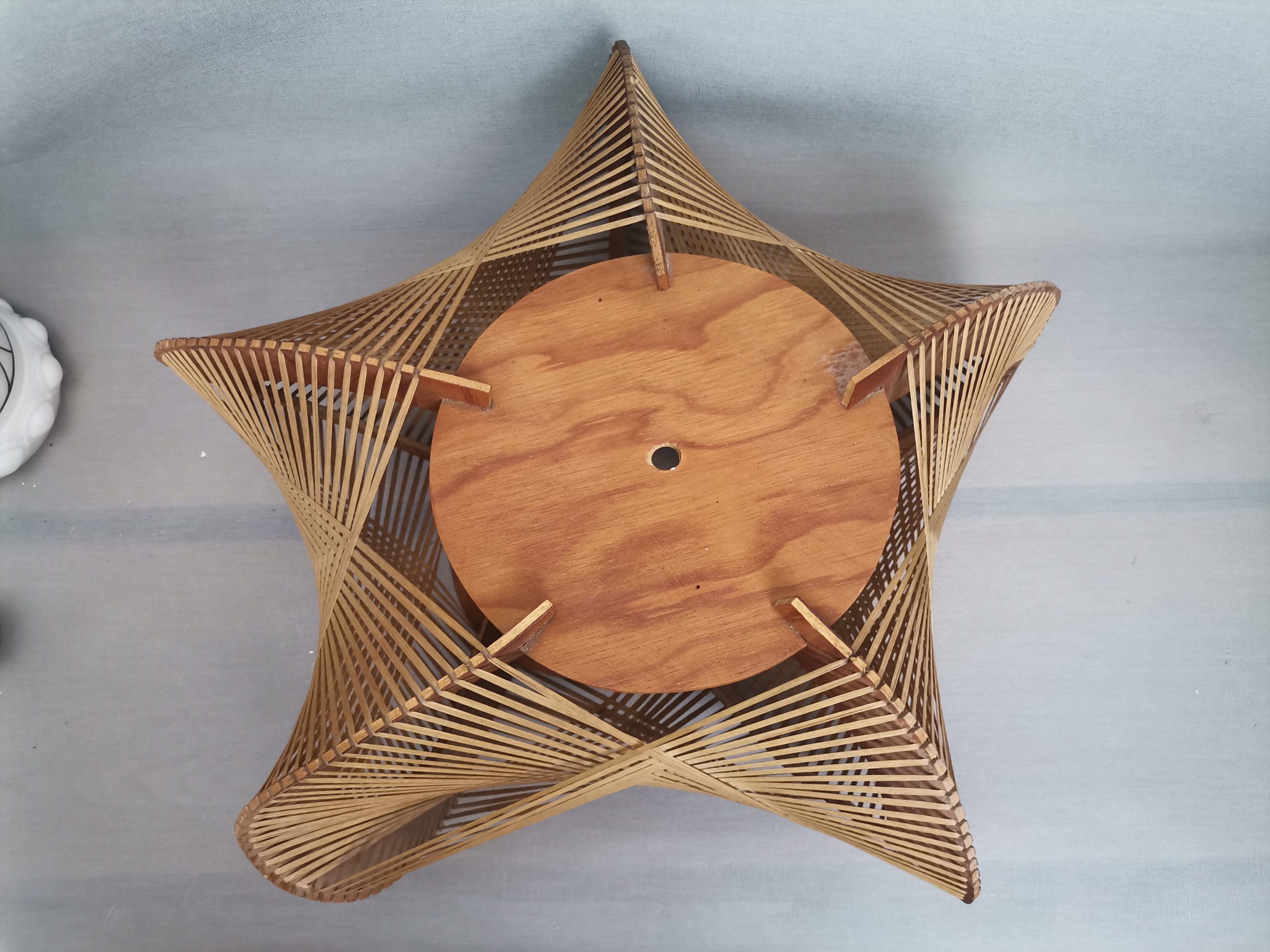 Large wooden lampshade wood straw string DEFORMED, 1960s