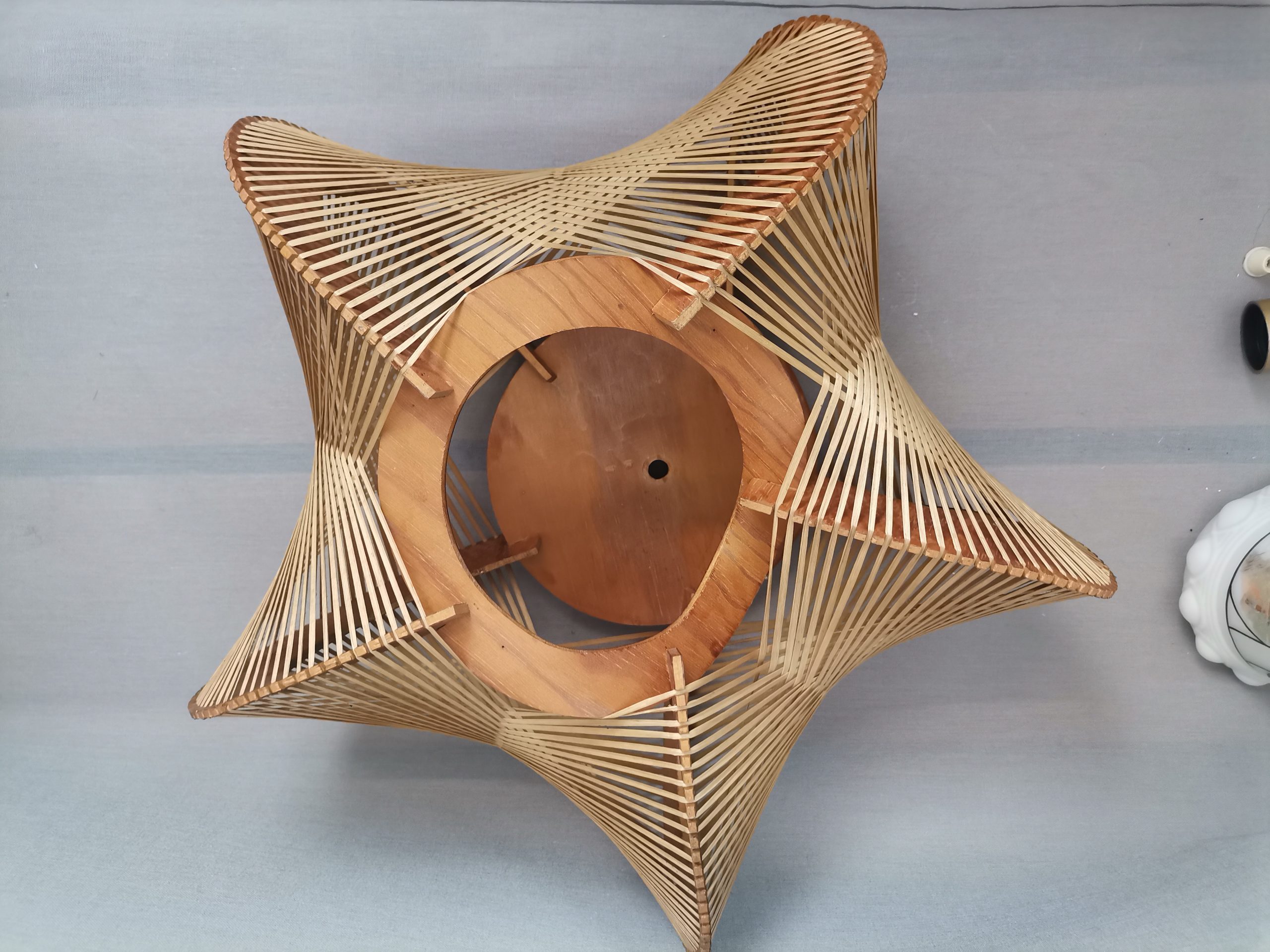 Large wooden lampshade wood straw string DEFORMED, 1960s