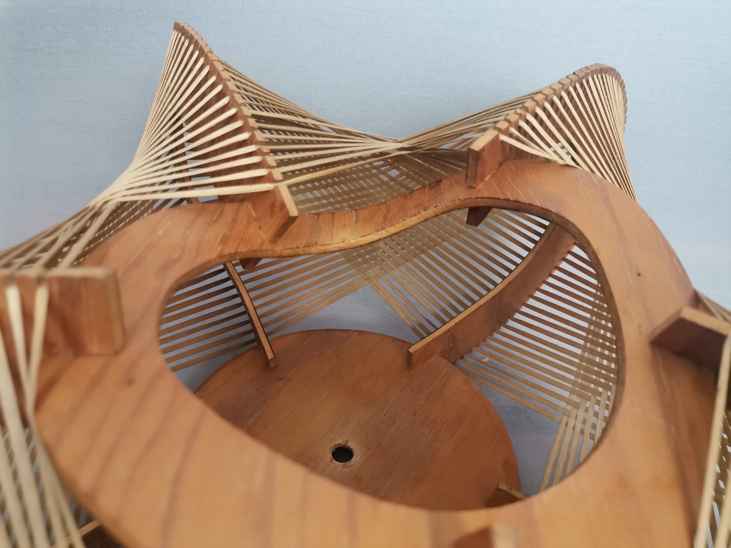 Large wooden lampshade wood straw string DEFORMED, 1960s