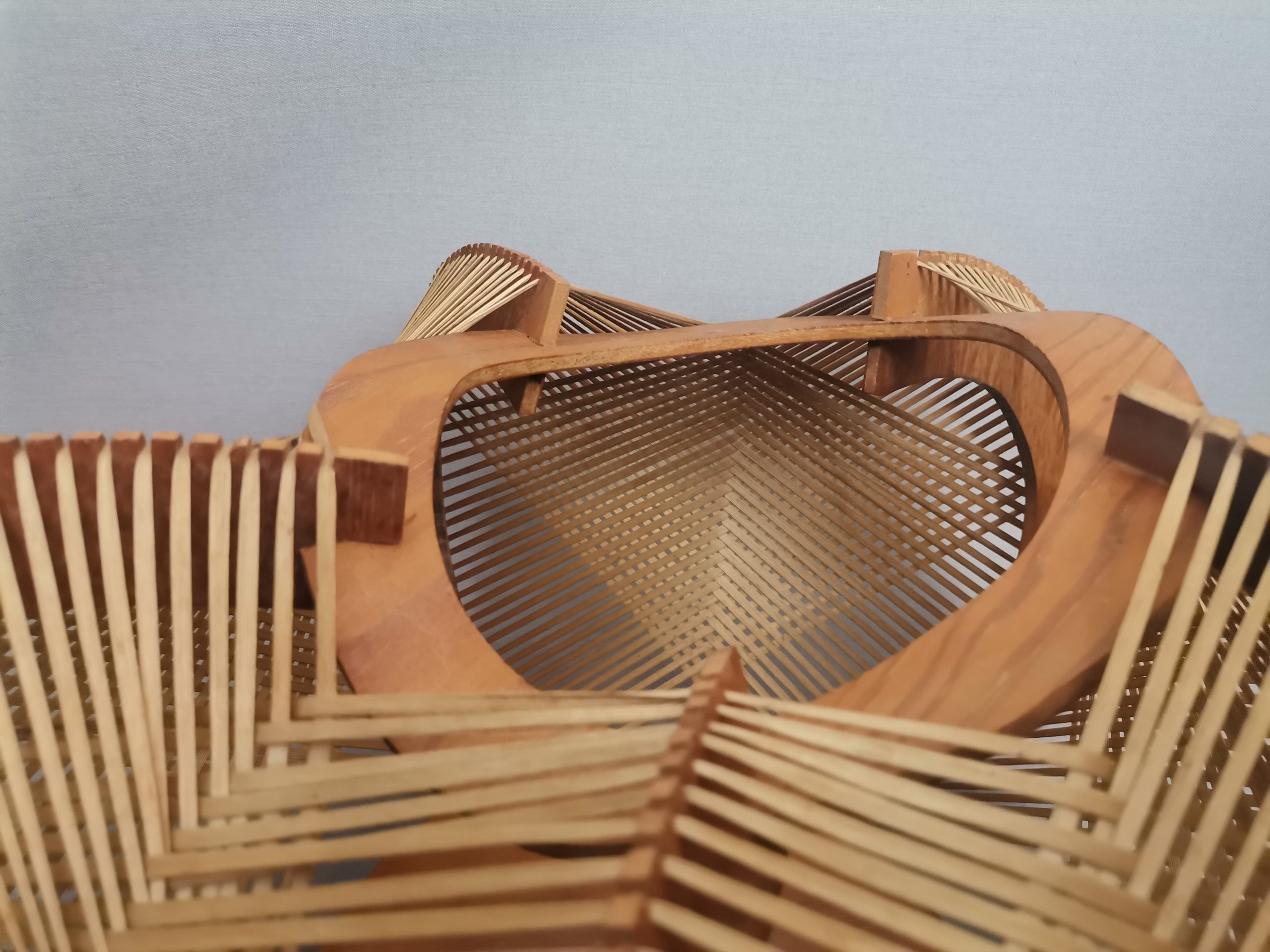 Large wooden lampshade wood straw string DEFORMED, 1960s