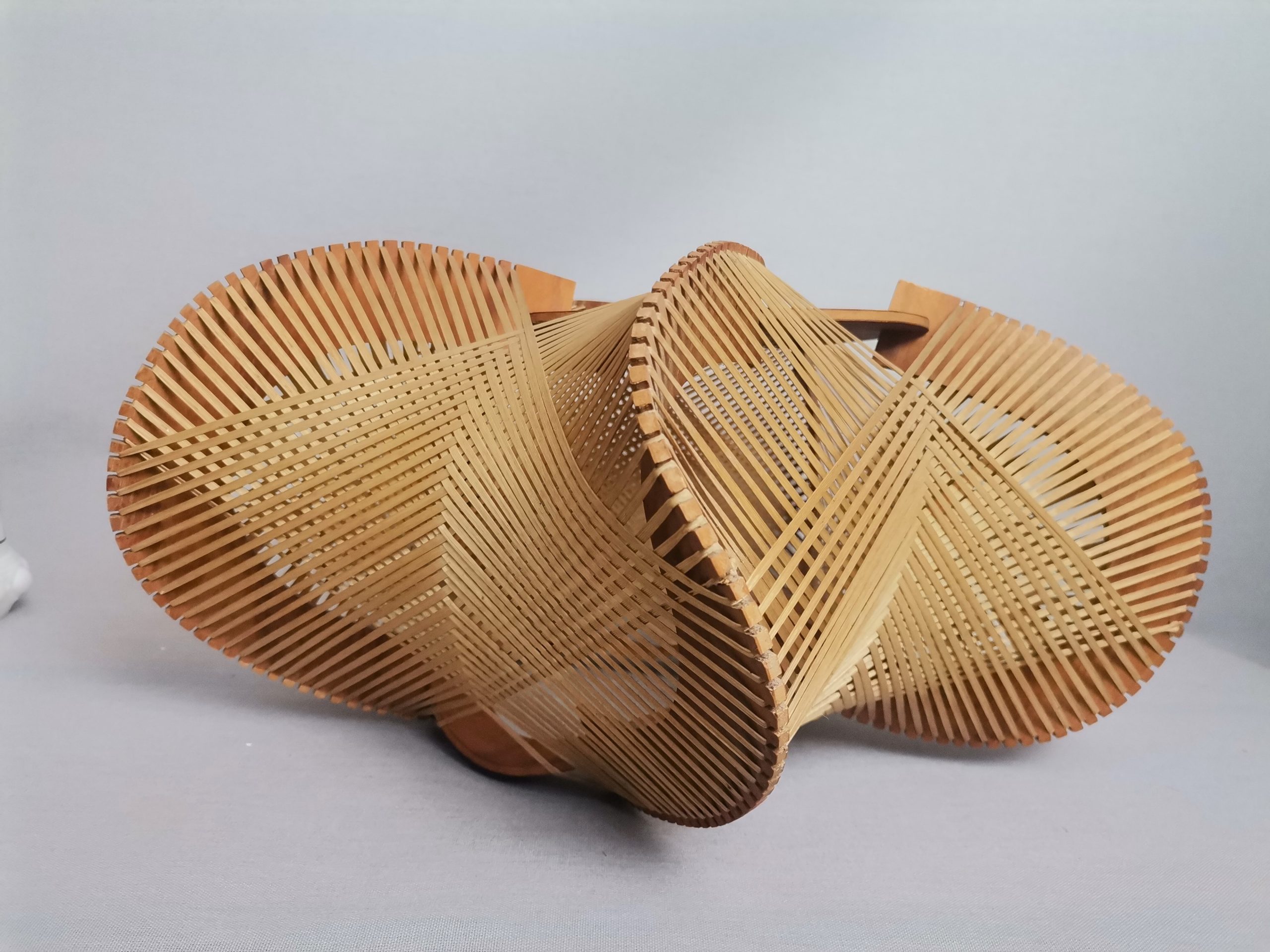 Large wooden lampshade wood straw string DEFORMED, 1960s