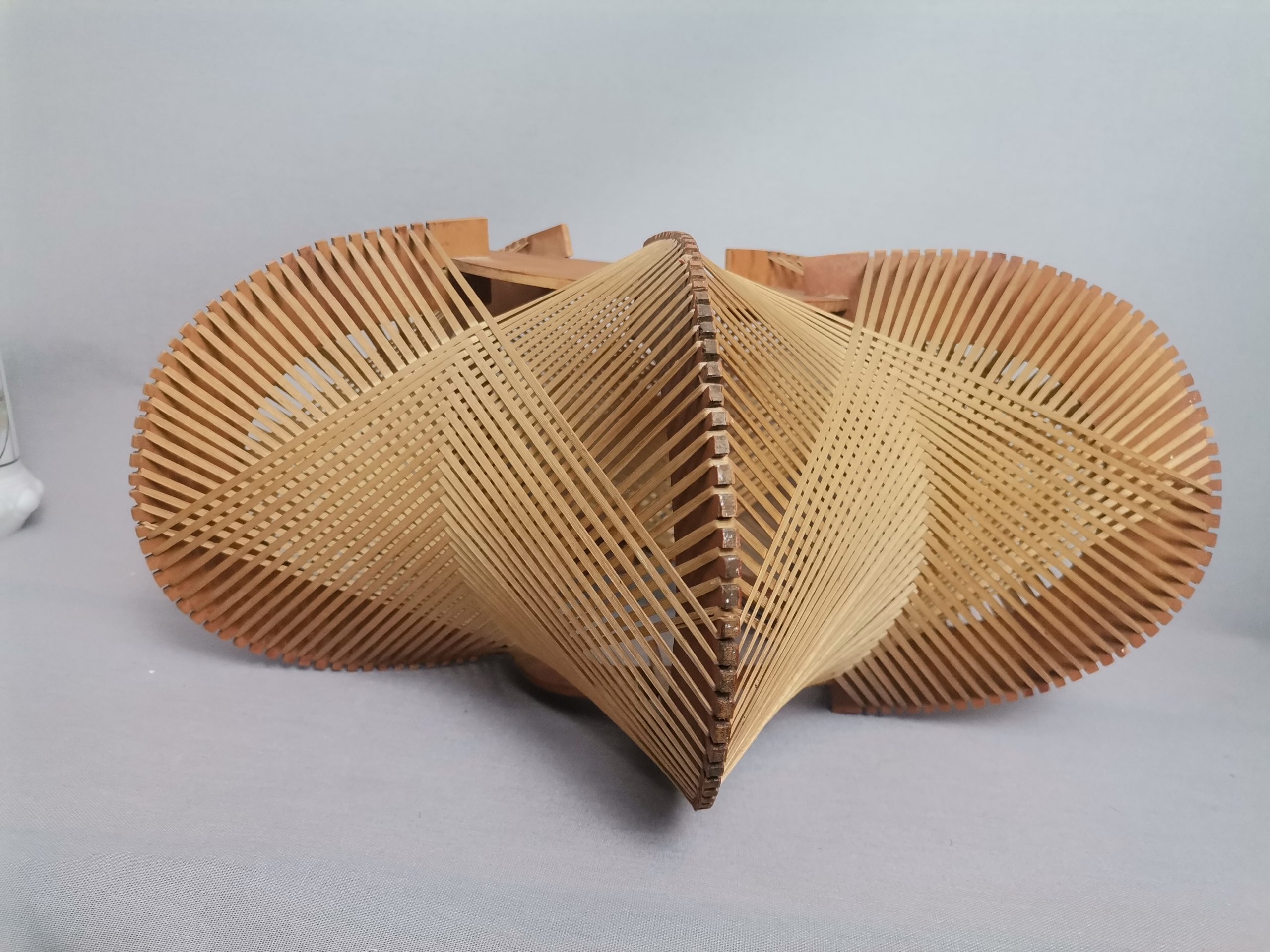 Large wooden lampshade wood straw string DEFORMED, 1960s