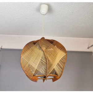 Portuguese mid century wooden wood straw string hanging lamp 1960s
