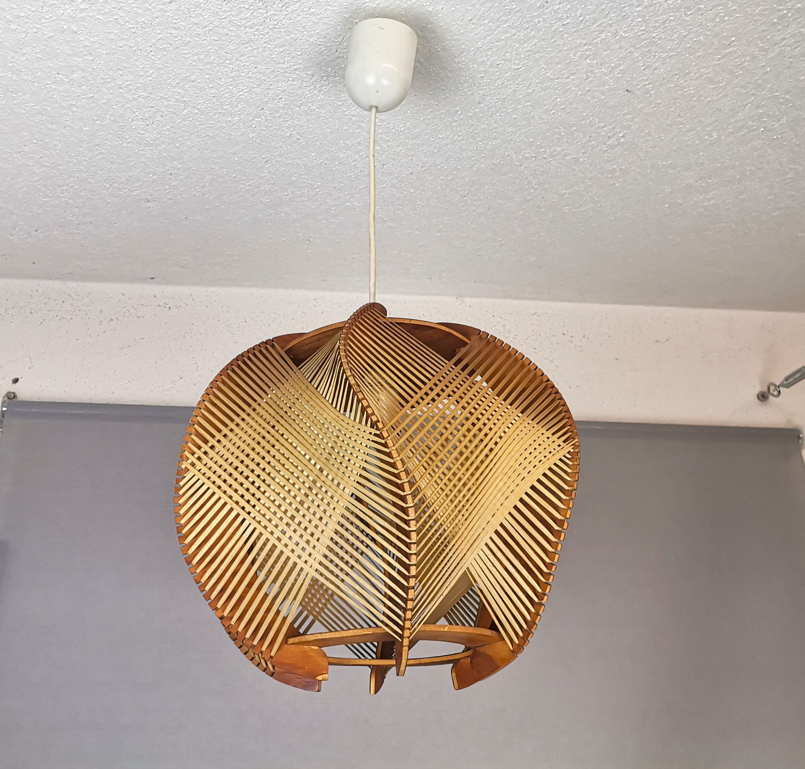 Portuguese mid century wooden wood straw string hanging lamp 1960s