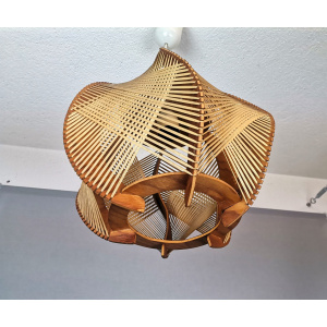 Portuguese mid century wooden wood straw string hanging lamp 1960s