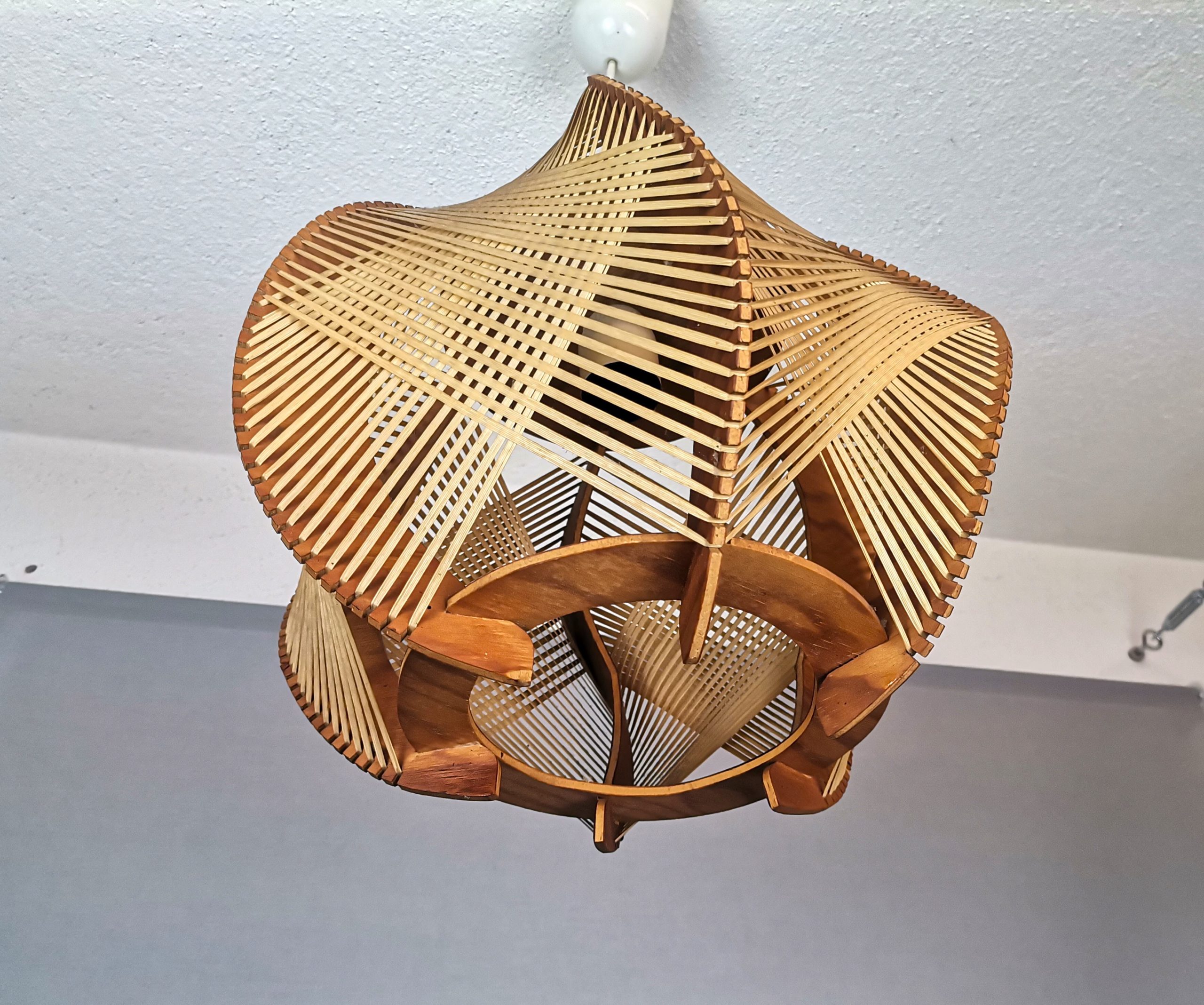 Portuguese mid century wooden wood straw string hanging lamp 1960s