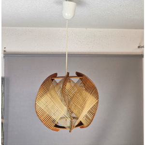 Portuguese mid century wooden wood straw string hanging lamp 1960s