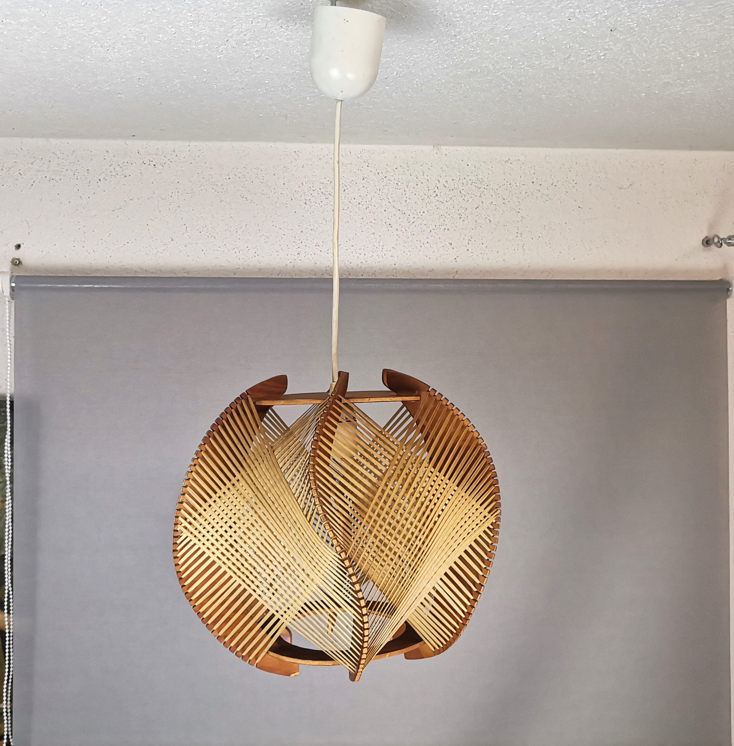 Portuguese mid century wooden wood straw string hanging lamp 1960s